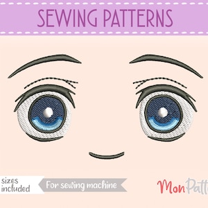 May include: Sewing patterns for a pair of cartoon eyes with blue irises and black eyelashes. The text "SEWING PATTERNS" is at the top of the image. The text "5 sizes included" is at the bottom left of the image. The text "For sewing machine" is at the bottom center of the image. The text "Mom Pattern" is at the bottom right of the image.