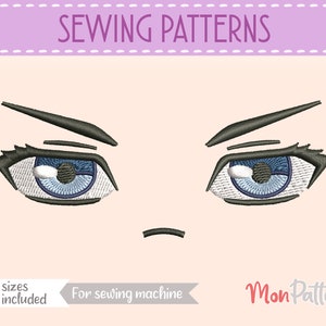 May include: Sewing pattern for a pair of blue anime eyes. The pattern includes 5 sizes and is for use with a sewing machine. The text "Mom Pattern" is in the bottom right corner of the image.