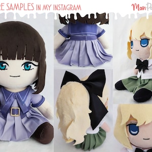 May include: Two plush dolls, one with brown hair and a purple dress, the other with blonde hair and a green skirt. Both dolls have black bows and are wearing white shirts with black collars. The dolls are sitting on a white background. The image includes the text "More Samples in My Instagram" and "Mon Pattern".