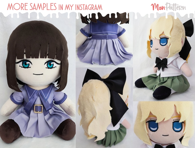May include: Two plush dolls, one with brown hair and a purple dress, the other with blonde hair and a green skirt. Both dolls have black bows and are wearing white shirts with black collars. The dolls are sitting on a white background. The image includes the text "More Samples in My Instagram" and "Mon Pattern".