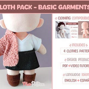 CLOTH PACK - Basic clothes 1 (Pdf Sewing Pattern) BEGINNER Doll Clothing (Español - English instructions) Essentials T-shirt Skirt Coat Shoe