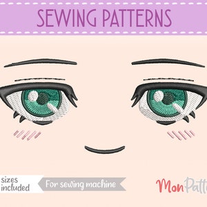 May include: Sewing patterns for a pair of anime eyes with green irises and black eyelashes. The eyes are surrounded by pink blush. The text "SEWING PATTERNS" is at the top of the image. The text "5 sizes included" is at the bottom left of the image. The text "For sewing machine" is at the bottom center of the image. The text "MonPattern" is at the bottom right of the image.