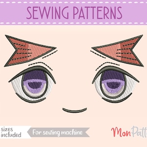 May include: Embroidered sewing pattern for a cartoon eye with a purple iris and red eyebrow. The pattern is available in 5 sizes and is for use with a sewing machine. The text "Mon Pattern" is also included in the image.