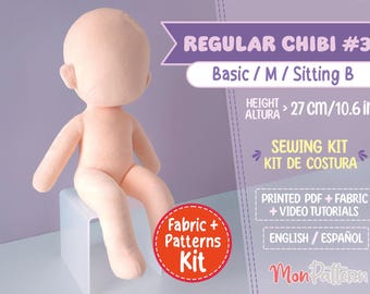 May include: A sewing kit for a sitting chibi doll pattern. The kit includes printed PDF instructions, fabric, and video tutorials. The doll is 27 inches tall. The kit is available in English and Spanish.