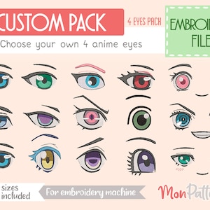 CUSTOM PACK – Choose 4 Anime Faces – Embroidery File for Plush Face (Digital) | English & Español Tutorials – Chibi Kawaii OC Doll Plushie