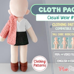 Puede incluir: Una descarga digital de patrones de ropa para una muñeca chibi alta. Los patrones son compatibles con tipos de cuerpo básicos, delgados y curvos. Los patrones son para ropa casual e incluyen una chaqueta rosa, una camisa blanca, una falda negra y un par de botas marrones. Los patrones están disponibles en inglés y español.