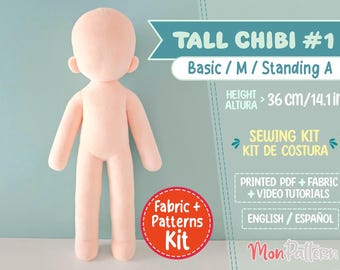 May include: A sewing kit for a tall chibi doll, standing 14.1 inches tall. The kit includes printed PDF patterns, fabric, and video tutorials in English and Spanish. The doll is shown in a light pink color.