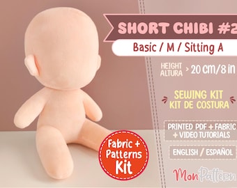 SHORT CHIBI #2 - Sewing Kit (Minky Fabric + Sewing Pattern PRINTED) Human Plush 20 cm / 8 in - Spanish or English Tutorial