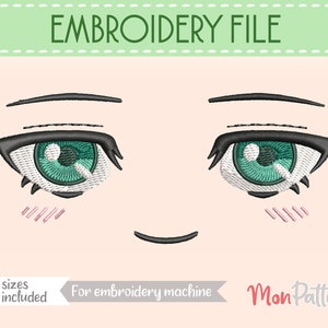 Puede incluir: Archivo de bordado de un ojo de estilo anime de dibujos animados con iris verde y pestañas negras. El ojo está sobre un fondo rosa claro con marcas de rubor en las mejillas. El texto "EMBROIDERY FILE" está en la parte superior de la imagen. El texto "8 sizes included" está en la parte inferior izquierda de la imagen. El texto "For embroidery machine" está en la parte inferior central de la imagen. El texto "Mon Pattern" está en la parte inferior derecha de la imagen.