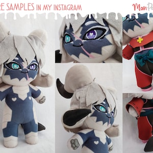 May include: A plush toy of a white and gray creature with blue accents. The creature has large ears, a long tail, and a heart-shaped design on its chest. The toy is standing on a white surface. More samples are available on Instagram.