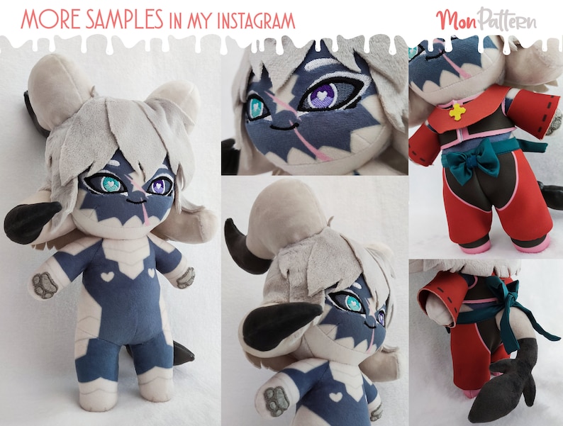 May include: A plush toy of a white and gray creature with blue accents. The creature has large ears, a long tail, and a heart-shaped design on its chest. The toy is standing on a white surface. More samples are available on Instagram.