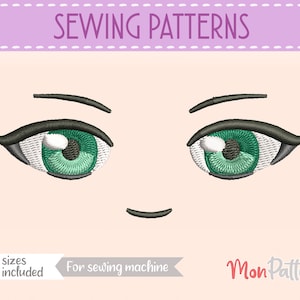 May include: Sewing pattern for a pair of cartoon eyes with green irises and black eyelashes. The pattern includes 5 sizes and is for sewing machines. The text "Mon Pattern" is in the bottom right corner of the image.