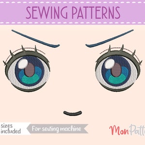May include: Sewing pattern for a pair of cartoon eyes with blue irises and black eyelashes. The pattern includes 6 sizes and is for use with a sewing machine. The text "Mom Pattern" is in the lower right corner of the image.