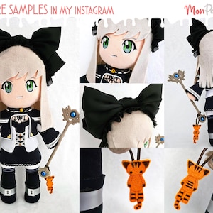 May include: A plush doll with long white hair, wearing a black and white dress with a black bow. The doll is holding a wand with a blue gem and a small orange plush cat. The doll is standing on a white background. More samples are available on Instagram.