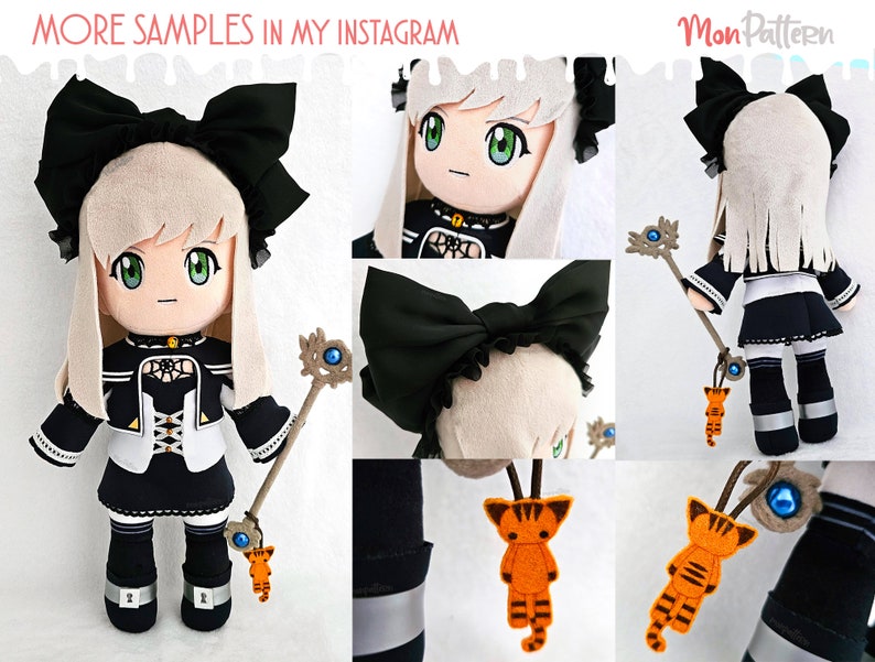 May include: A plush doll with long white hair, wearing a black and white dress with a black bow. The doll is holding a wand with a blue gem and a small orange plush cat. The doll is standing on a white background. More samples are available on Instagram.