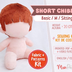 SHORT CHIBI #2 - Sewing Kit (Minky Fabric + Sewing Pattern PRINTED) Human Plush 20 cm / 8 in - Spanish or English Tutorial