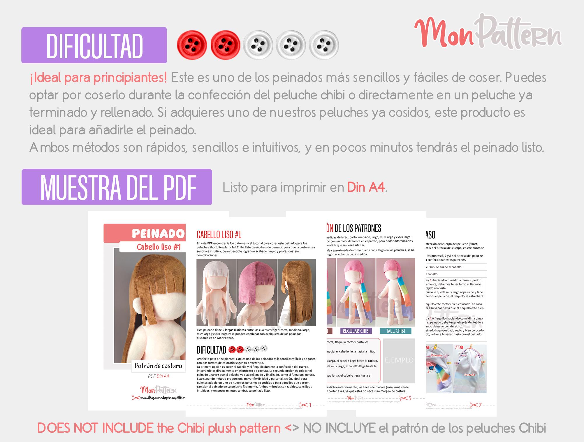 CABELLO LISO #1 - 5 Largos de cabello (PDF Patrón costura) Español Inglés  Tutorial (Digital) Peinado flequillo recto largo para Peluche - Etsy México, image size:2004x1516