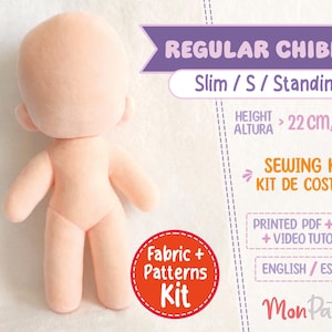 May include: A sewing kit for a standing chibi doll, with a height of 22 cm. The kit includes printed PDF patterns, fabric, and video tutorials. The doll is shown in a light pink colour. The kit is available in English and Spanish.