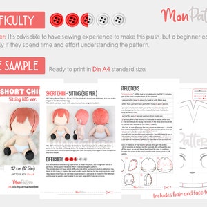 SHORT CHIBI Assis BIG Ver Patron de couture PDF Instructions en espagnol Anglais Téléchargement instantané Peluche humanoïde pour poupée humaine image 2