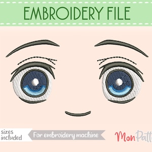 Puede incluir: Archivo de bordado para un par de ojos de dibujos animados con iris azules y pestañas negras. El archivo incluye 8 tamaños y es para máquinas de bordar. El texto "Mon Pattern" está en la esquina inferior derecha.