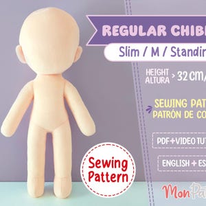 May include: Sewing pattern for a standing chibi doll, labelled "Regular Chibi #2 Slim/M/Standing A". The pattern includes PDF and video tutorials in English and Spanish. The doll is 32 cm tall.