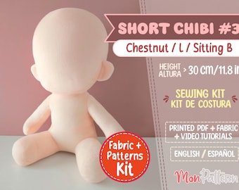 SHORT CHIBI #3 Sewing Kit: Minky Fabric, Sitting Plush Pattern 30cm/12in (PDF English/Spanish)
