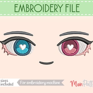 FACE 21 - Machine Embroidery File - 8 SIZES - (Digital English Español instructions) Custom Chibi Anime Eyes