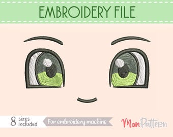 FACE 17 Embroidery File | Chibi Anime Plush Eyes | Machine Embroidery Design | 8 Sizes