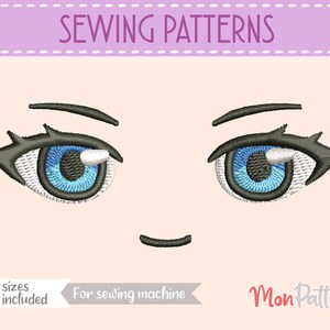 May include: Sewing patterns for a pair of cartoon eyes with blue irises and black eyelashes. The text "Sewing Patterns" is at the top of the image. The text "5 sizes included" is at the bottom left of the image. The text "For sewing machine" is at the bottom center of the image. The text "Mon Pattern" is at the bottom right of the image.