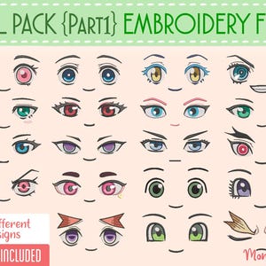 Puede incluir: Un conjunto de 20 diseños de bordado diferentes de ojos de anime en varios colores y estilos. Los diseños están etiquetados como "All Pack {Part 1} Embroidery File", "20 diseños diferentes" y "8 tamaños incluidos".