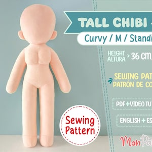 May include: Sewing pattern for a tall, curvy chibi doll standing in a pose. The pattern is for a doll that is 14.1 inches tall. The pattern includes PDF and video tutorials in English and Spanish.