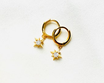 Creole with CZ Star Pendant - Fine Earring Silver - Gold CZ Creole - Sterling Silver 925 - Delicate Earrings Gold - Gold Jewelry