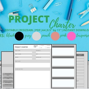 May include: A project charter template with the title "PROJECT Charter" in large green letters. The template is editable, resizable, and available in PDF format, sized at 8.5" by 11". The color options are black, grey, peach, pink, and turquoise.