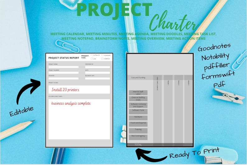 Project Management Project Charter PDF and Word Doc Set Planner