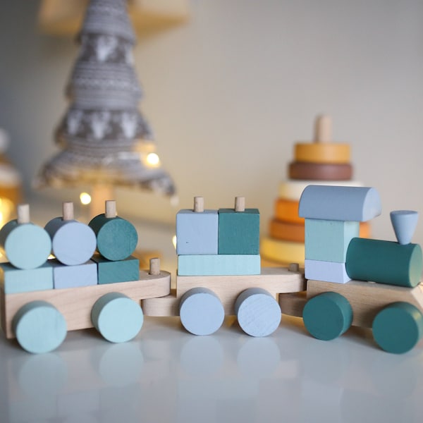 Train Montessori / Train puzzle bleu / Locomotive en bois / Jouet de train en bois / Chemin de fer en bois / Décor de pépinière / Cadeau pour bébé