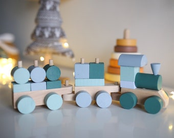 Montessori Train / Blue Puzzle Train / Wooden Locomotive / Wooden Train Toy / Wooden Railway / Nursery Decor / Gift for Baby