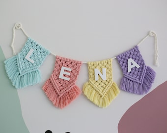 Decorazione della camera dei bambini, Banner di compleanno, Banner personalizzato con nome Macrame, Bandiera Macrame per l'infanzia, Bandiera della lettera personalizzata, Sopra l'asilo nido della culla, Regalo per bambini