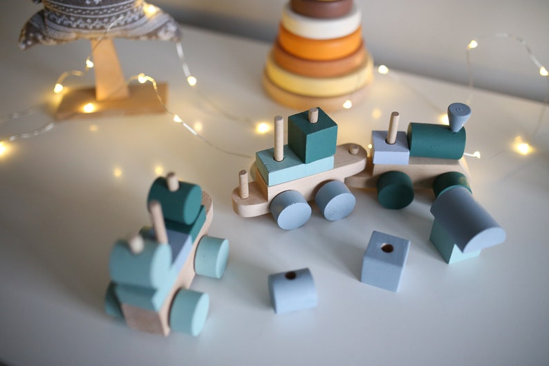 Montessori Train / Blue Puzzle Train / Wooden Locomotive / Wooden Train Toy / Wooden Railway / Nursery Decor / Gift for Baby image 5