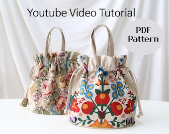 Bucket Bag Sewing Pattern, Project Bag Pattern, pdf pattern, Drawstring Bag, Circular Base Tote, knitting bag, Instant Download