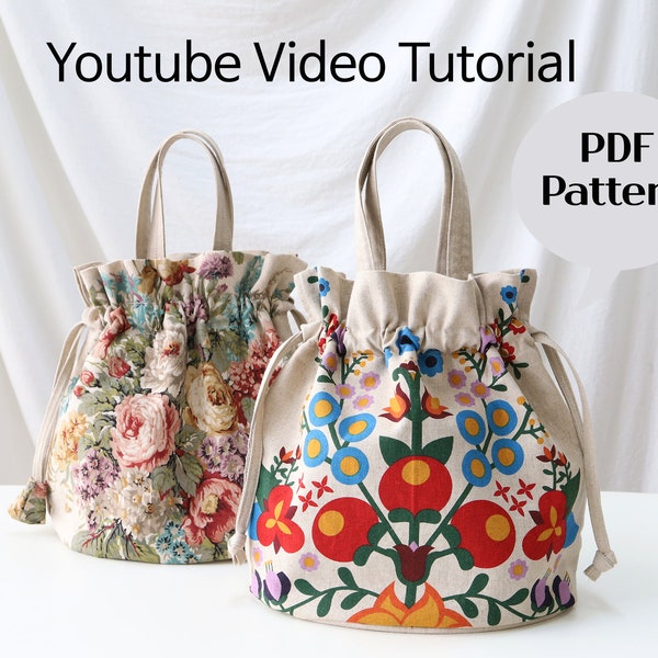 Bucket Bag Sewing Pattern, Project Bag Pattern, pdf pattern, Drawstring Bag, Circular Base Tote, knitting bag, Instant Download