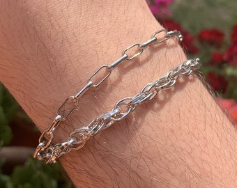 Silver Paperclip Link Chain Bracelet Set Stainless silver Unisex Gift for Him Gift for Her Christmas gift