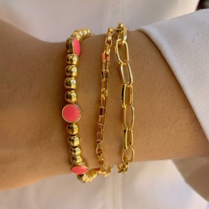 Chunky Bracelet Set with Pink Beads, Beaded Bracelet, Delicate Bracelet, Cuban Link Chain, Fine Beaded Chain Bracelet, Dainty Gift For Women