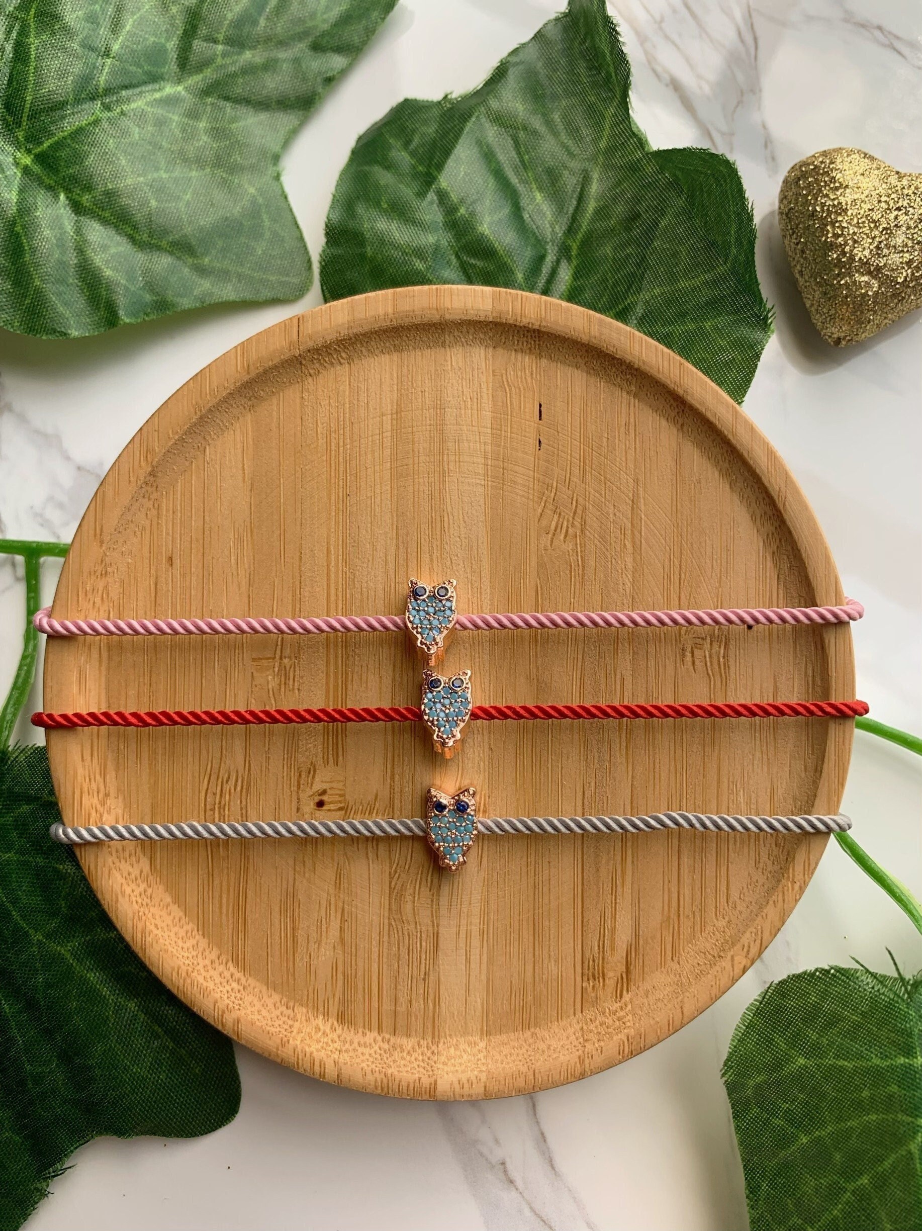 Owl Silver Charm Pink Adjustable Friendship Bracelet Grey Cord Animal Wish Jewelry Red Gift for Her