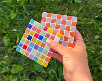 Tutti Fruity Iridescent Tiled Coaster Checkerboard Colourful Handmade Perfect Mug Accessory Funky Decor Gift for the Home Housewarming Sweet
