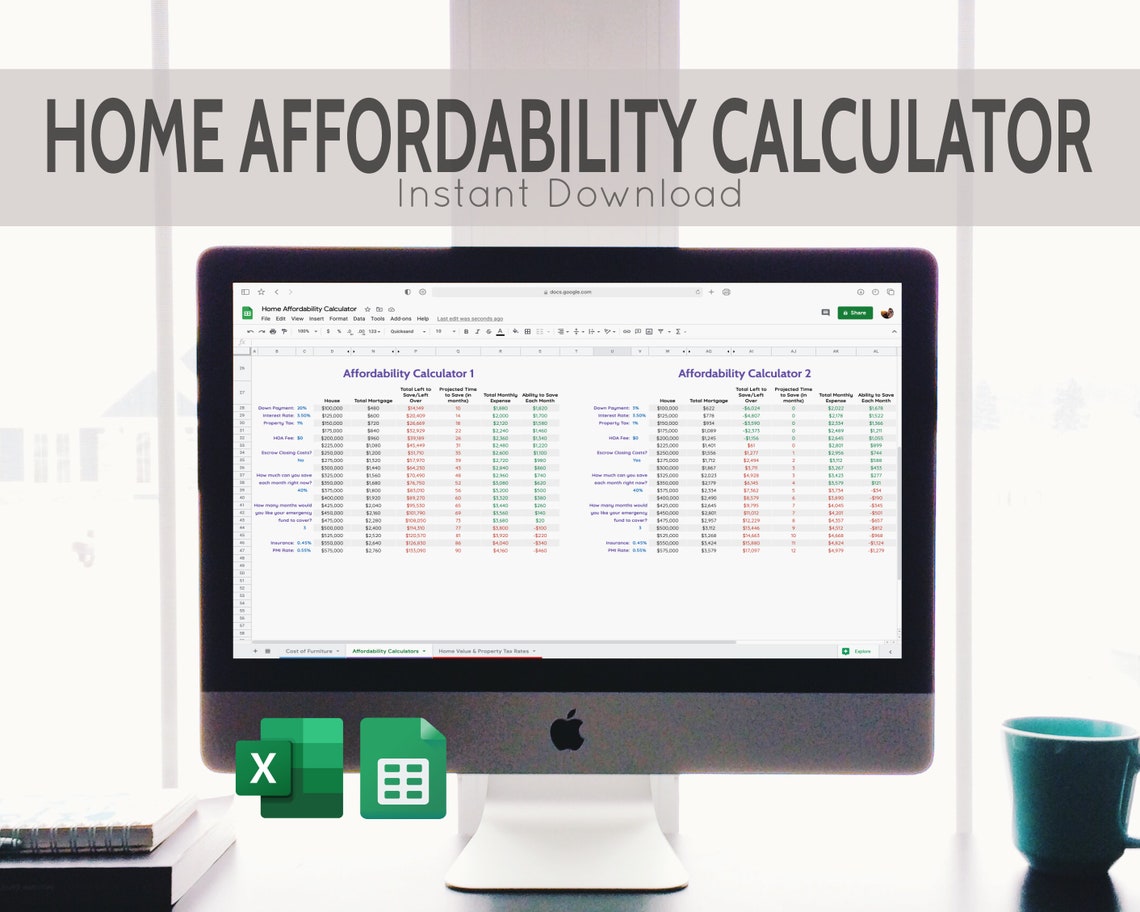 Home Affordability Calculator for Excel and Google Sheets Etsy