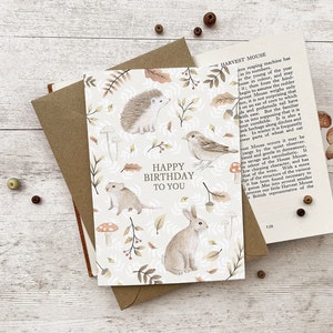 Woodland Animals Birthday Card A6 - Hedgehog Sparrow Mouse Rabbit Neutral Autumn Card Illustrated Happy Birthday Card for Mum Sister Kids