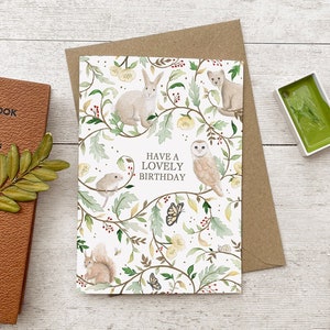Carte d'anniversaire illustrée pour enfants, maman, soeur, grand-mère - Lapin, hibou, écureuil, automne, cartes d'anniversaire, faune sauvage