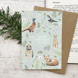 Carte d'anniversaire animaux des prairies des landes A6 - floral faisan lapin renard hibou - voeux d'anniversaire aquarelle illustrée de la faune britannique