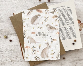 Woodland Animals Birthday Card A6 - Hedgehog Sparrow Mouse Rabbit Neutral Autumn Card Illustrated Happy Birthday Card for Mum Sister Kids