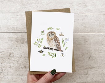 Tawny Owl Greetings Card A6 - Woodland Illustration Print Birthday Thank You Cards - Autumn Moths Thistle Cottagecore Flower Art Notecard